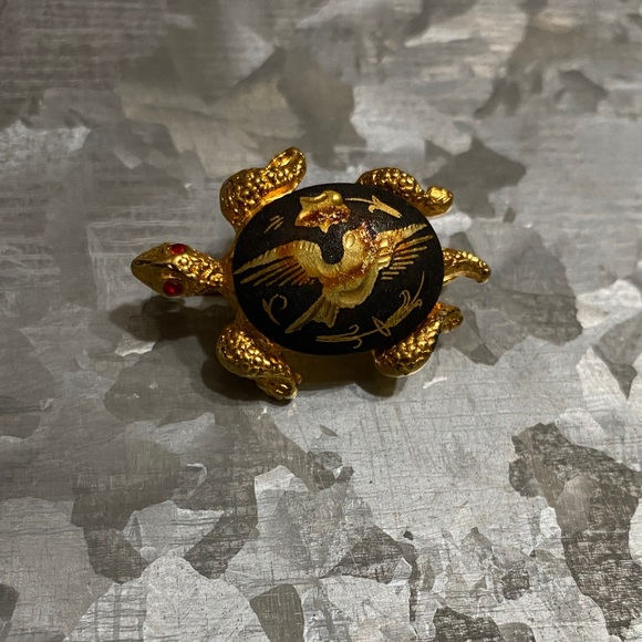 Damascene Jewelry - Vintage Damascene Gold and Black Turtle Brooch